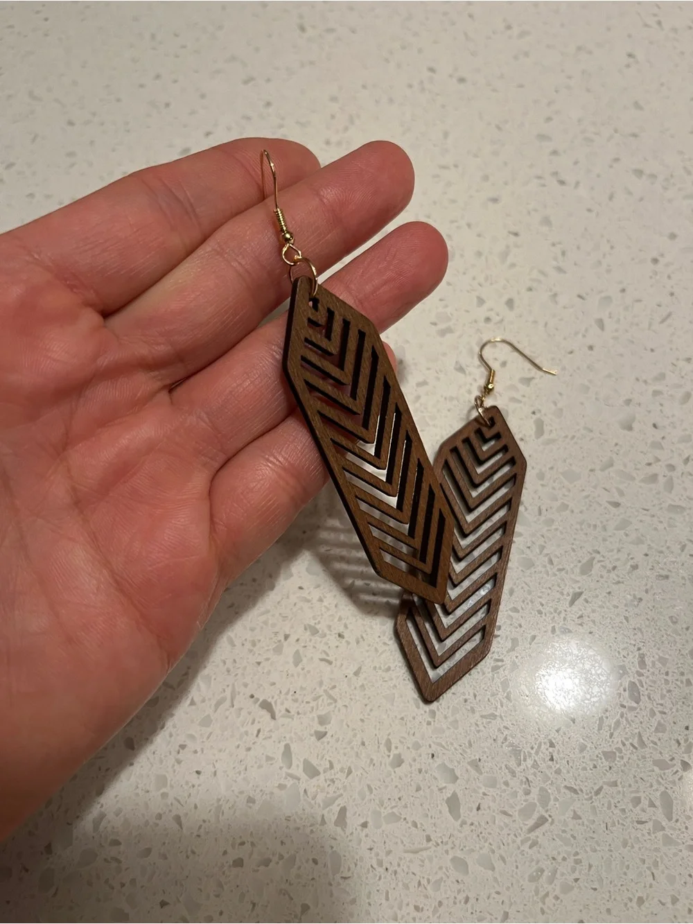 Brown Hollow Hexagon Striped Dangle Wooden Earrings, Minimalist & Casual